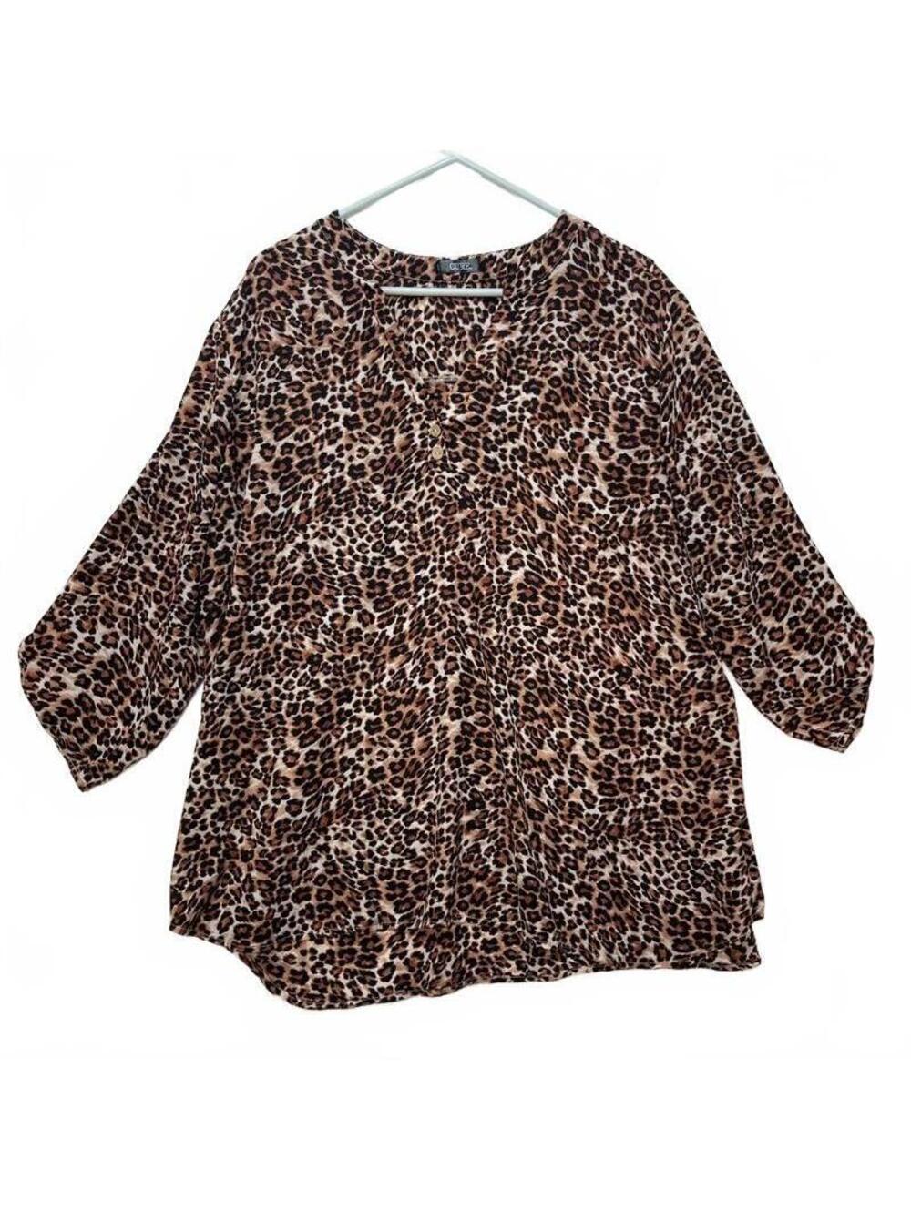 Cure Women's Leopard Print Blouse Brown Black 3/4 Sleeve V Neck 3XL